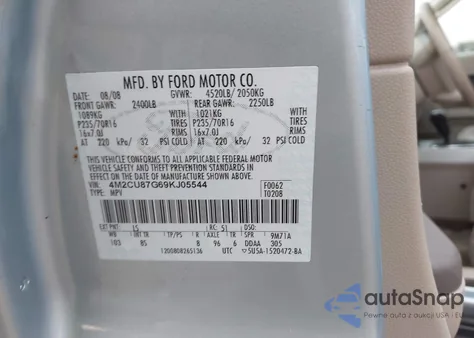 2009 Mercury Mariner Premier V6 z USA, uszkodzony, nr VIN 4M2CU87G69KJ05544